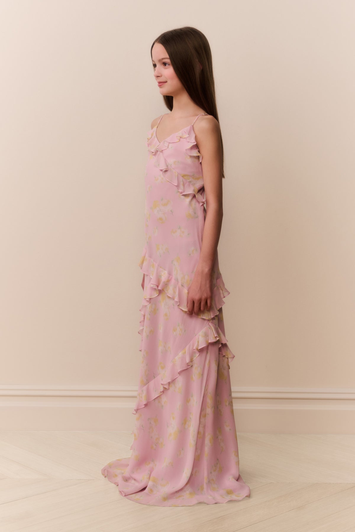 Pink floral chiffon tween maxi dress with ruffled shoulder straps and cascading tiers