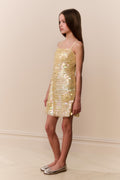 Pale lemon sequin cami dress with thin straps and fitted short silhouette