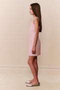 Pink sleeveless mini dress with fitted bodice and straight skirt