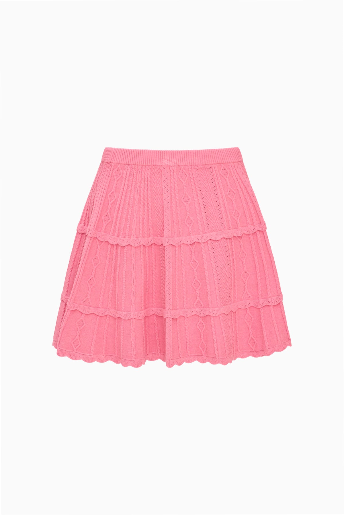Pink pointelle knit tiered ruffle skirt with elastic waistband