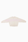Cream mockneck crew sweatshirt with pink dotted graphic across the back