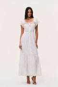 Ivory cotton lace maxi dress with cap sleeves, button-front bodice and tiered skirt