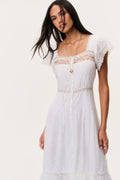 Ivory cotton lace maxi dress, square lace-trim neckline with gold button detail