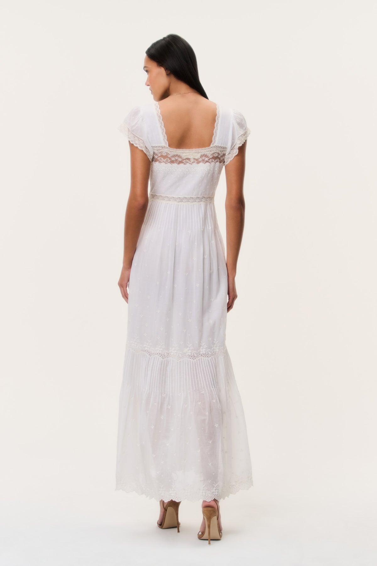 Ivory cotton lace maxi dress with lace back panel and layered tulle hem