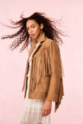 Camel suede fringe jacket with pointed collar, front pockets, and long tassels