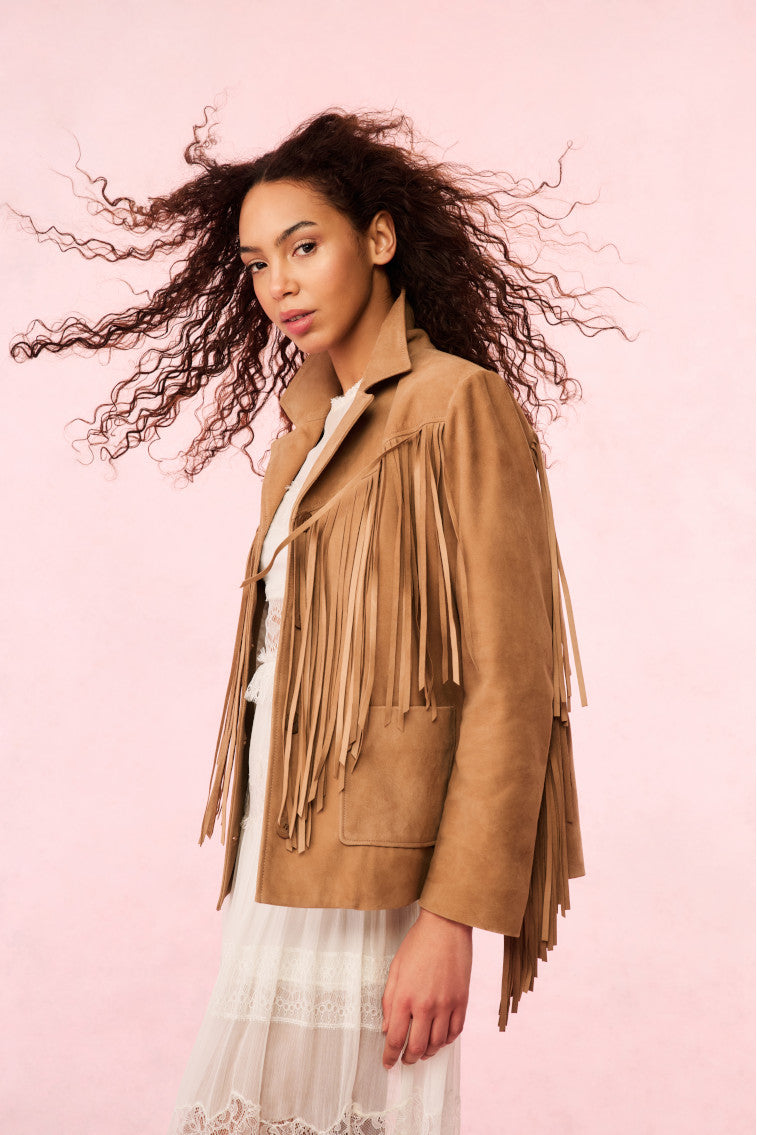 Camel suede fringe jacket with pointed collar, front pockets, and long tassels