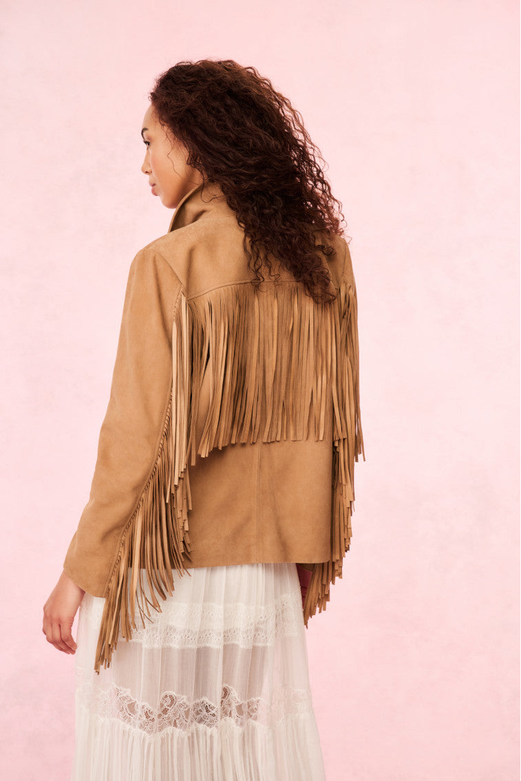 Camel suede fringe jacket, back view with vertical fringe and button closure