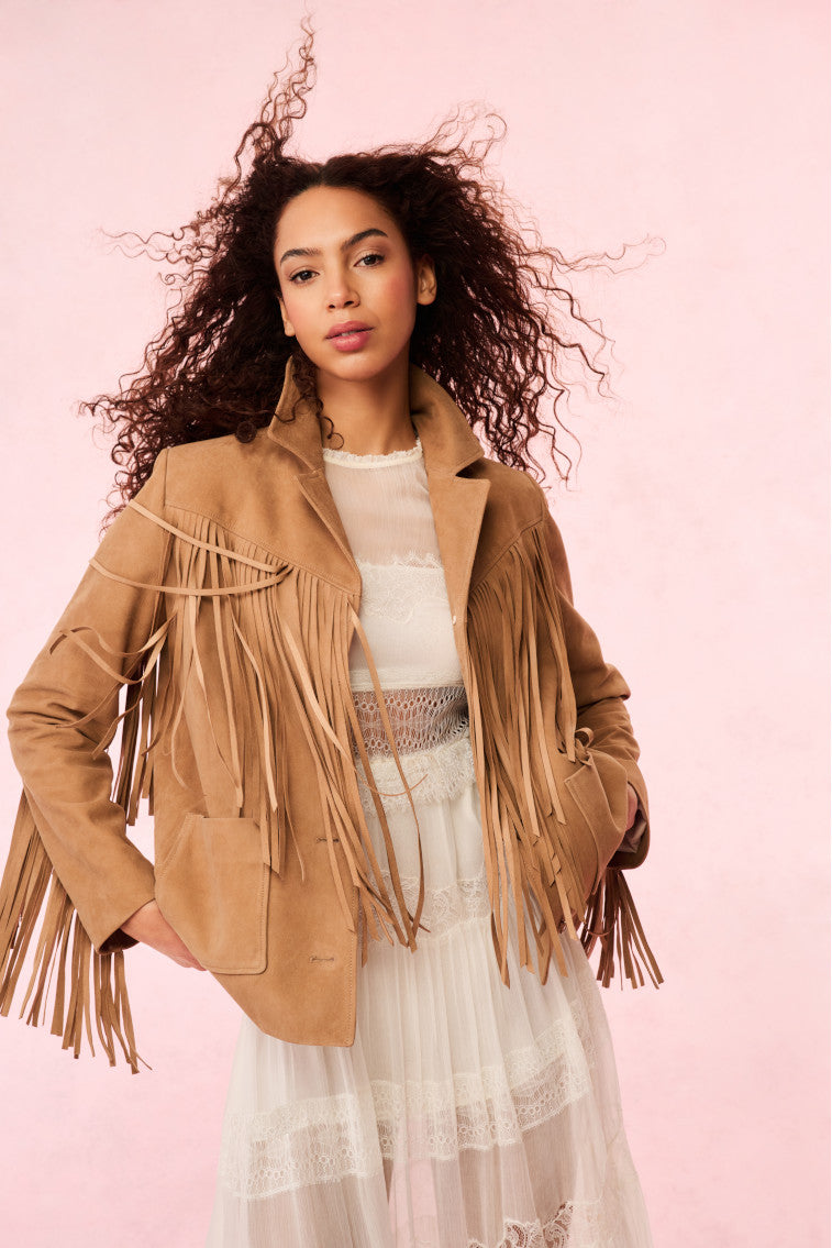 Camel suede fringe jacket on model, open front with dangling fringe details