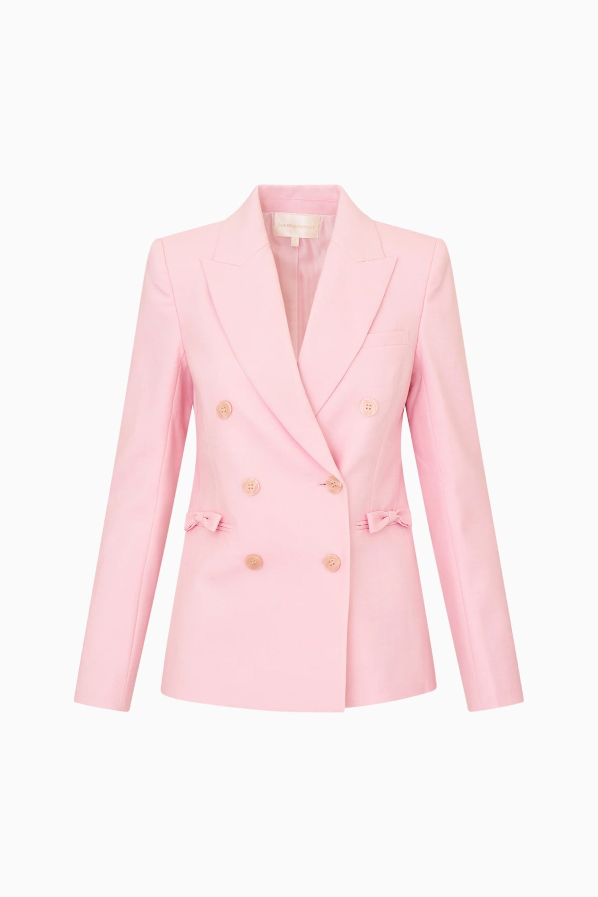 Pink linen-cotton blazer with notch lapels, double-breast buttons, and bow sleeve ties