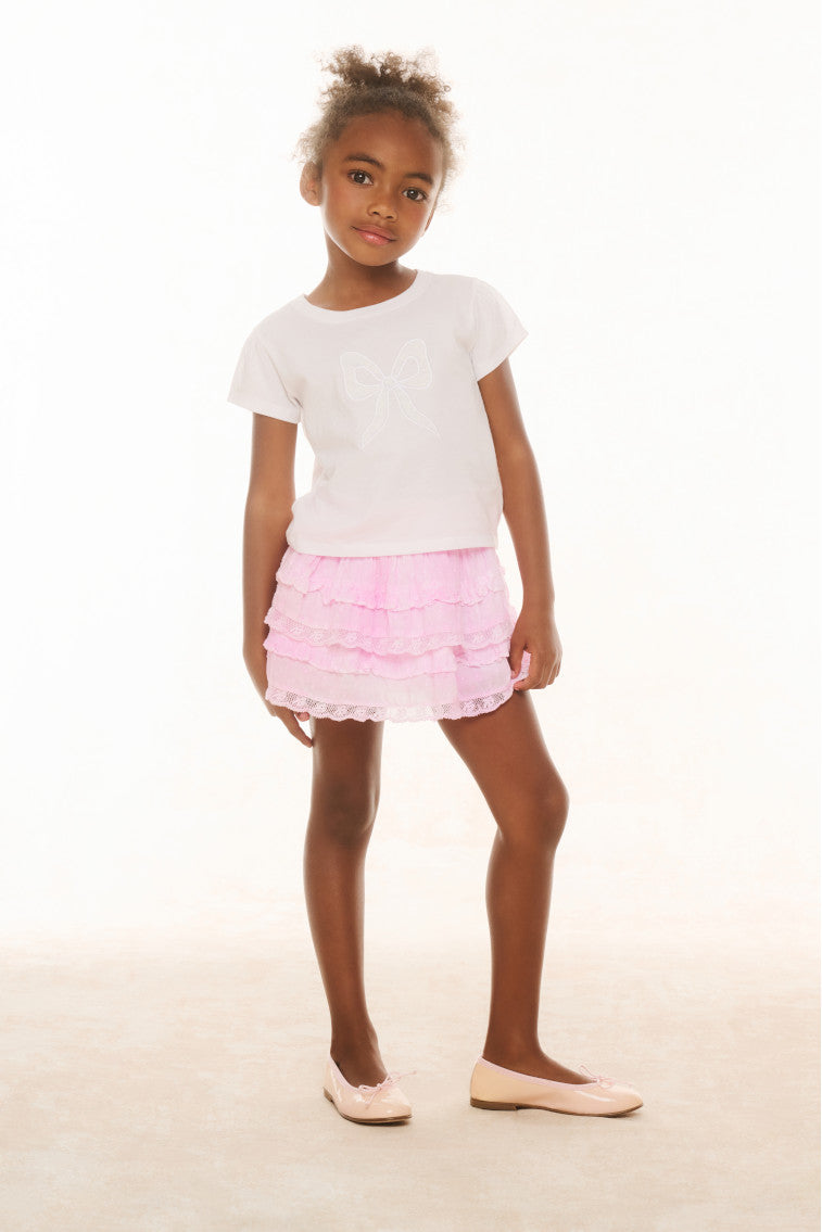 Girls pink tiered ruffle skirt with elastic waistband, front view