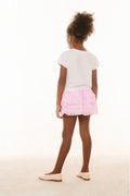 Girls pink tiered ruffle skirt with elastic waistband, back view