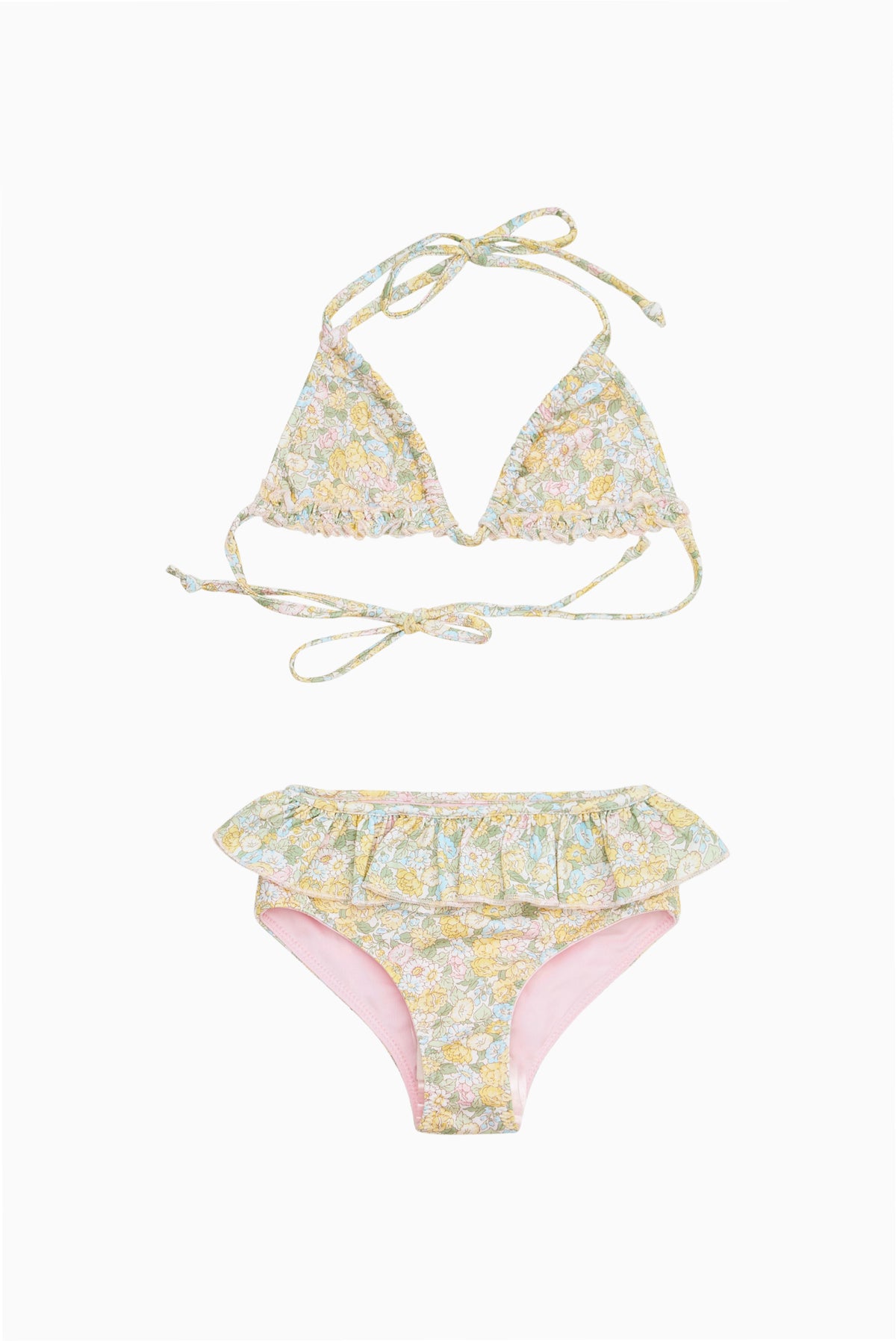 Girls' floral triangle bikini with tie straps and ruffled high-waist bottoms