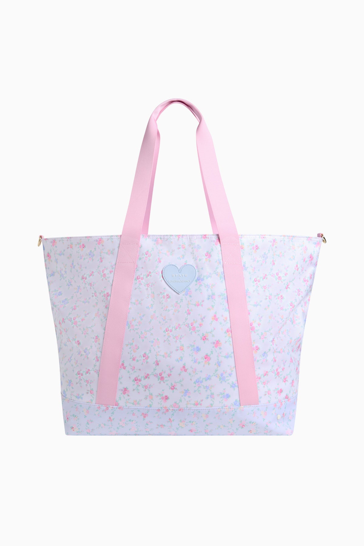 Floral XL tote with pink straps and heart emblem on front panel