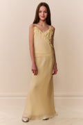 Butter lemon chiffon maxi skirt with straight, flowing drape and low hem