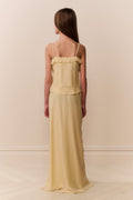 Butter lemon chiffon maxi skirt, full-length straight fit with smooth, flowy hem