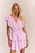 Pink V-neck mini dress with ruffled sleeves and tiered babydoll skirt