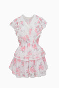 Pink floral print mini dress with V-neck, smocked waist, and tiered ruffle skirt.