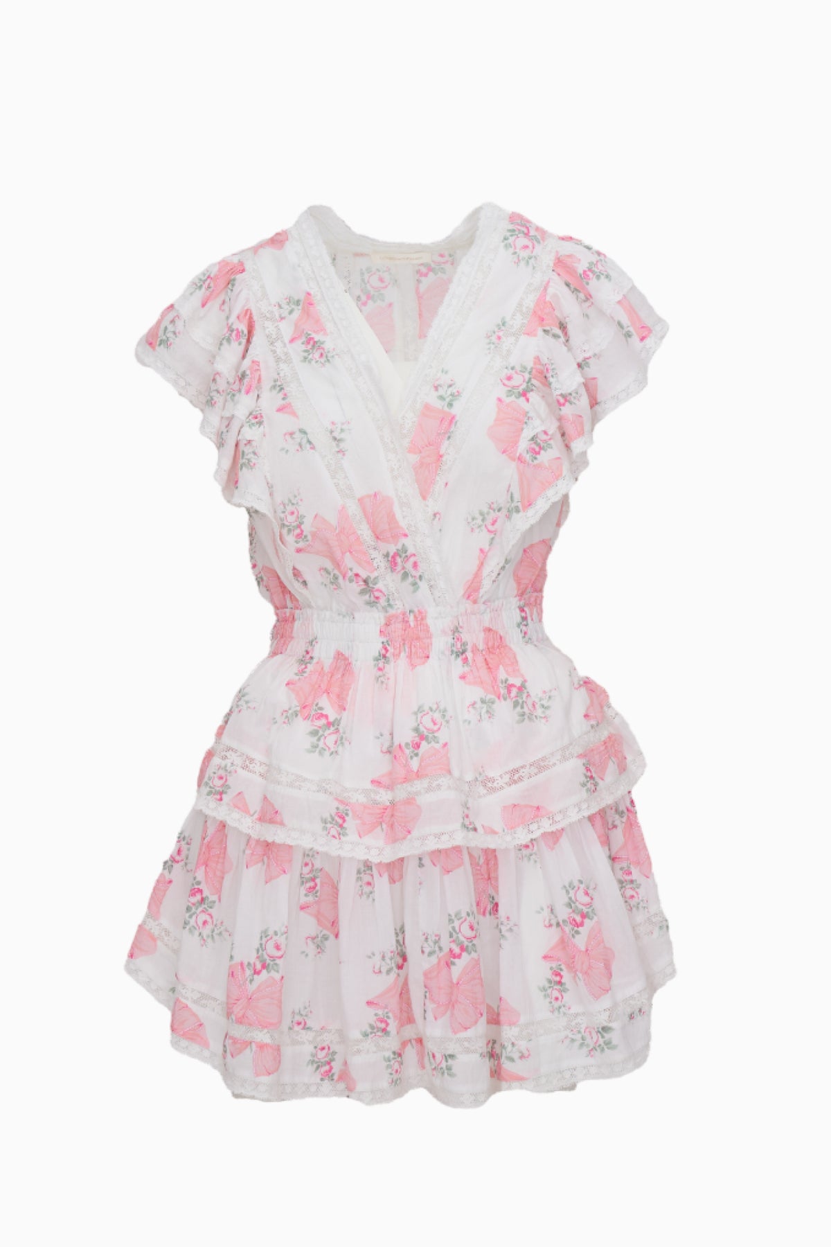 Pink floral print mini dress with V-neck, smocked waist, and tiered ruffle skirt.