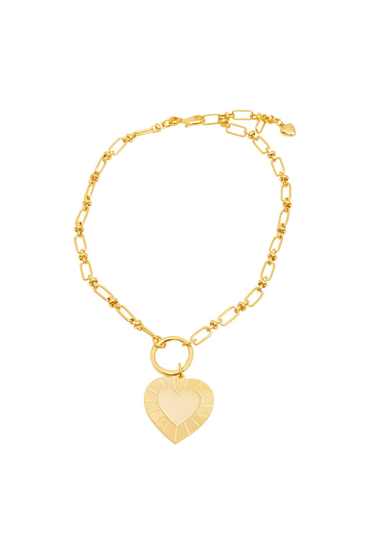 Gold heart pendant necklace with link chain and small circular clasp
