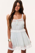 Light blue cotton mini dress with lace hem, pleated skirt, spaghetti straps