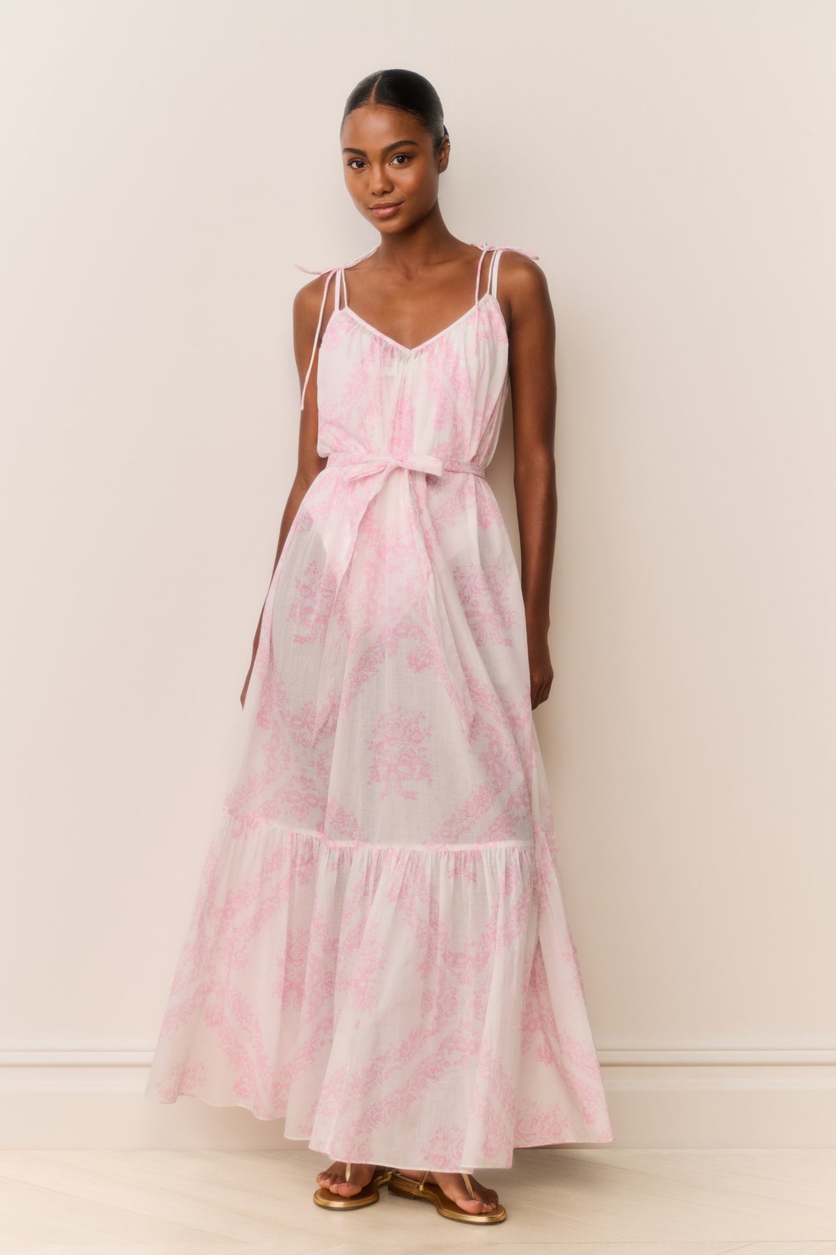 Toile print cover-up dress with spaghetti straps, V-neck, tie waist, and tiered skirt