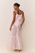 Back view of toile print cover-up dress with thin straps and tie waist, tiered tiered skirt