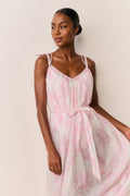 Toile print cover-up dress with thin straps and tie waist, tiered skirt in pale pink tones
