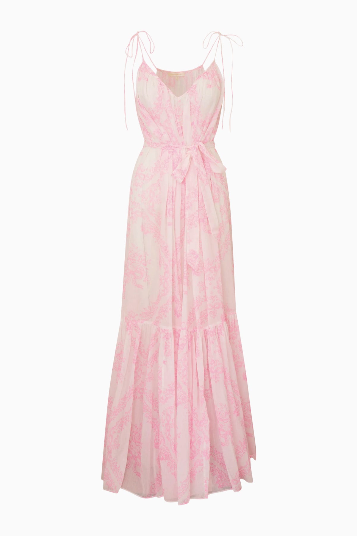 Ivory-to-pink toile print cover-up dress with spaghetti straps, tie waist, tiered skirt