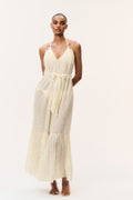 Light yellow cotton cover-up dress with V-neck, tie straps, tiered skirt, ruffle hem