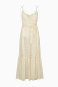 Light yellow cotton cover-up dress flat lay with spaghetti straps, V-neck, tiered skirt
