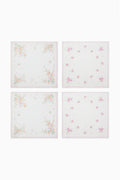 Set of 4 floral hanky napkins, white with pastel flower print squares and pink borders