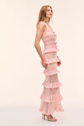 Pink sleeveless tiered ruffle knit dress with lace panels and thin shoulder straps