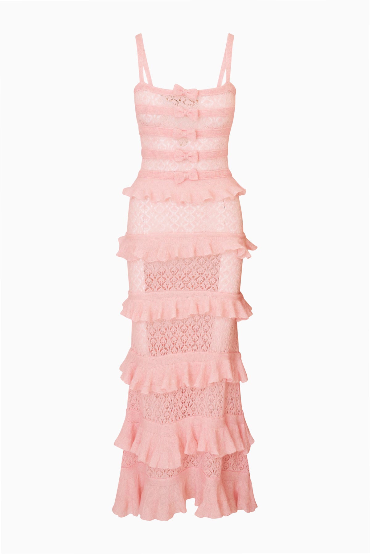 Pink knit tier ruffle dress on white background, sleeveless with lace and bow accents