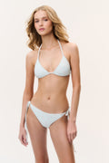 Light blue ditsy floral triangle bikini top and matching side-tie bikini bottoms on model