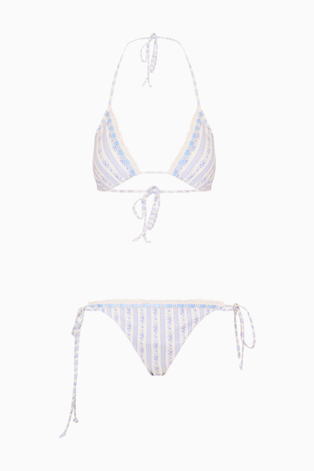 Denim sky striped triangle bikini set with tie-back halter top and tie-side bottoms