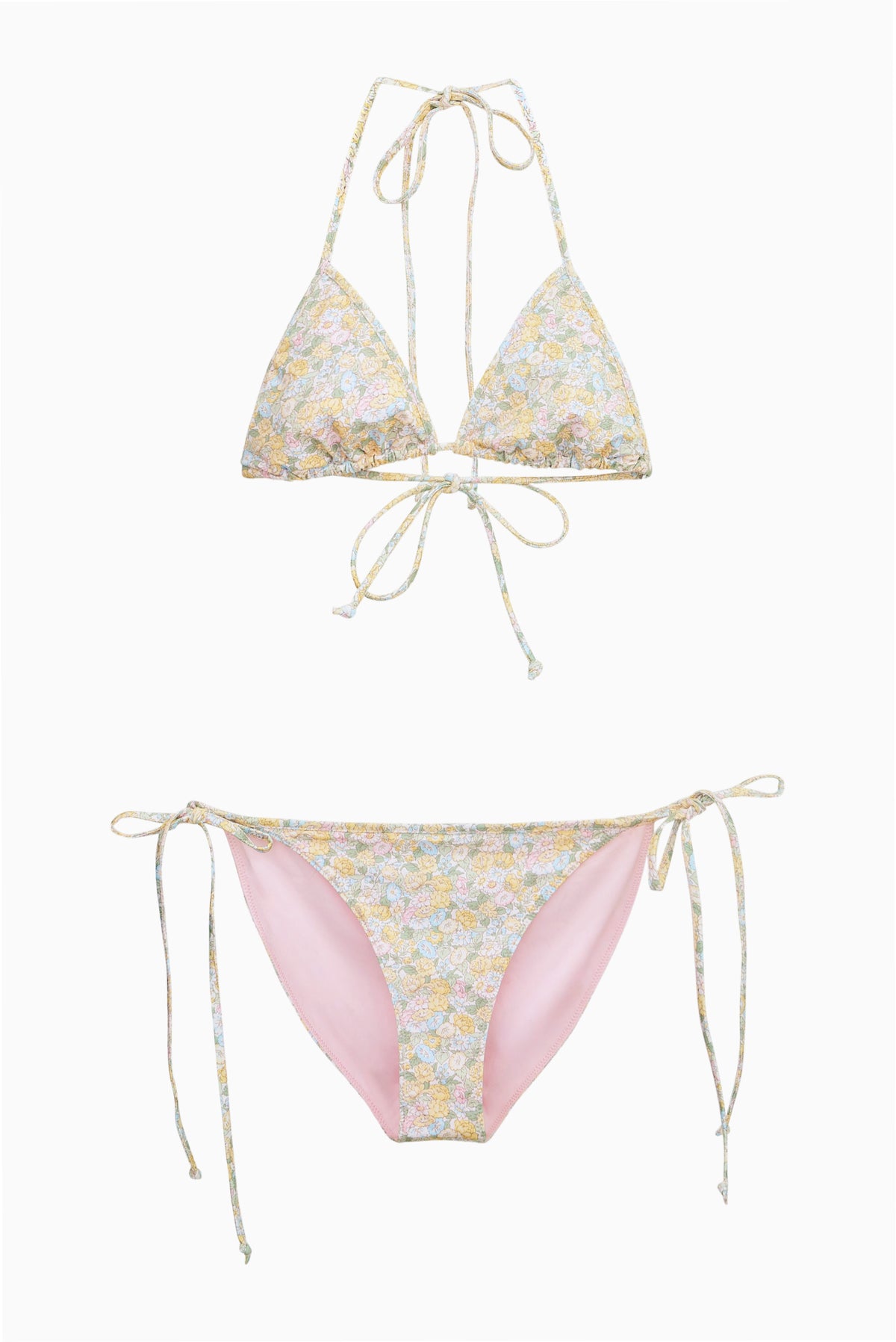 Two-piece bikini set laid flat: light blue floral triangle top and side-tie bottoms