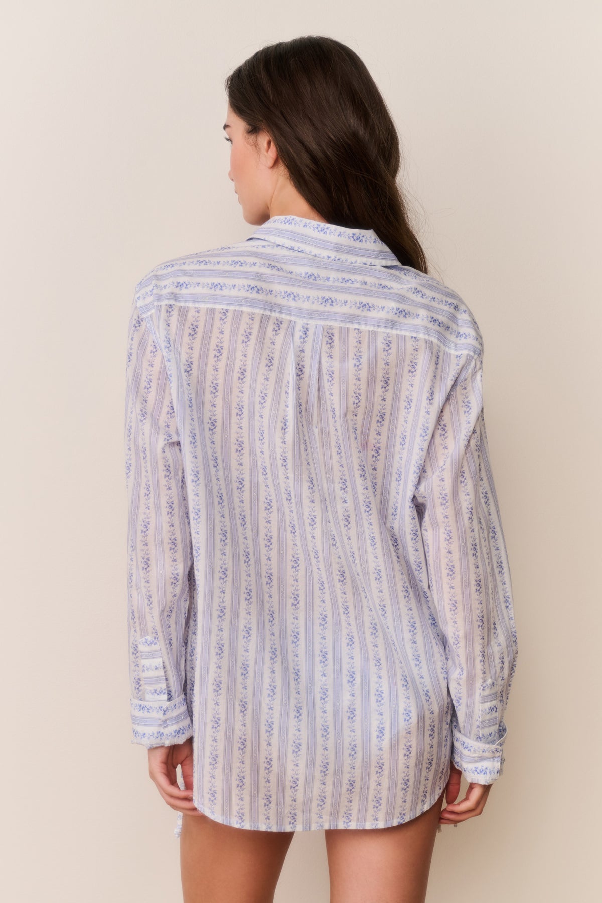 Light blue patterned cotton unisex shirt, button-up collar, long sleeves, back view