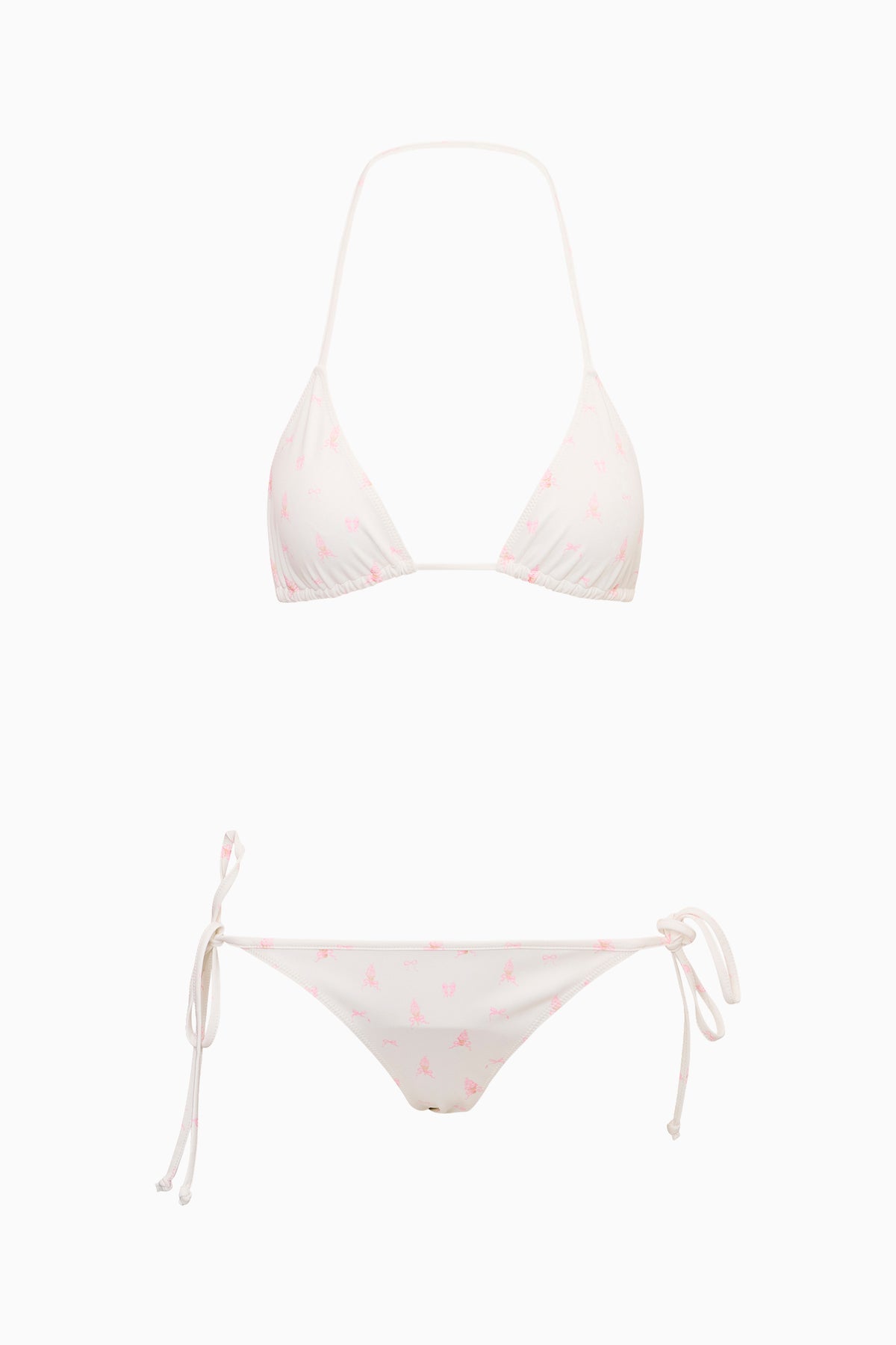Pink patterned triangle bikini top and side-tie bikini bottom set