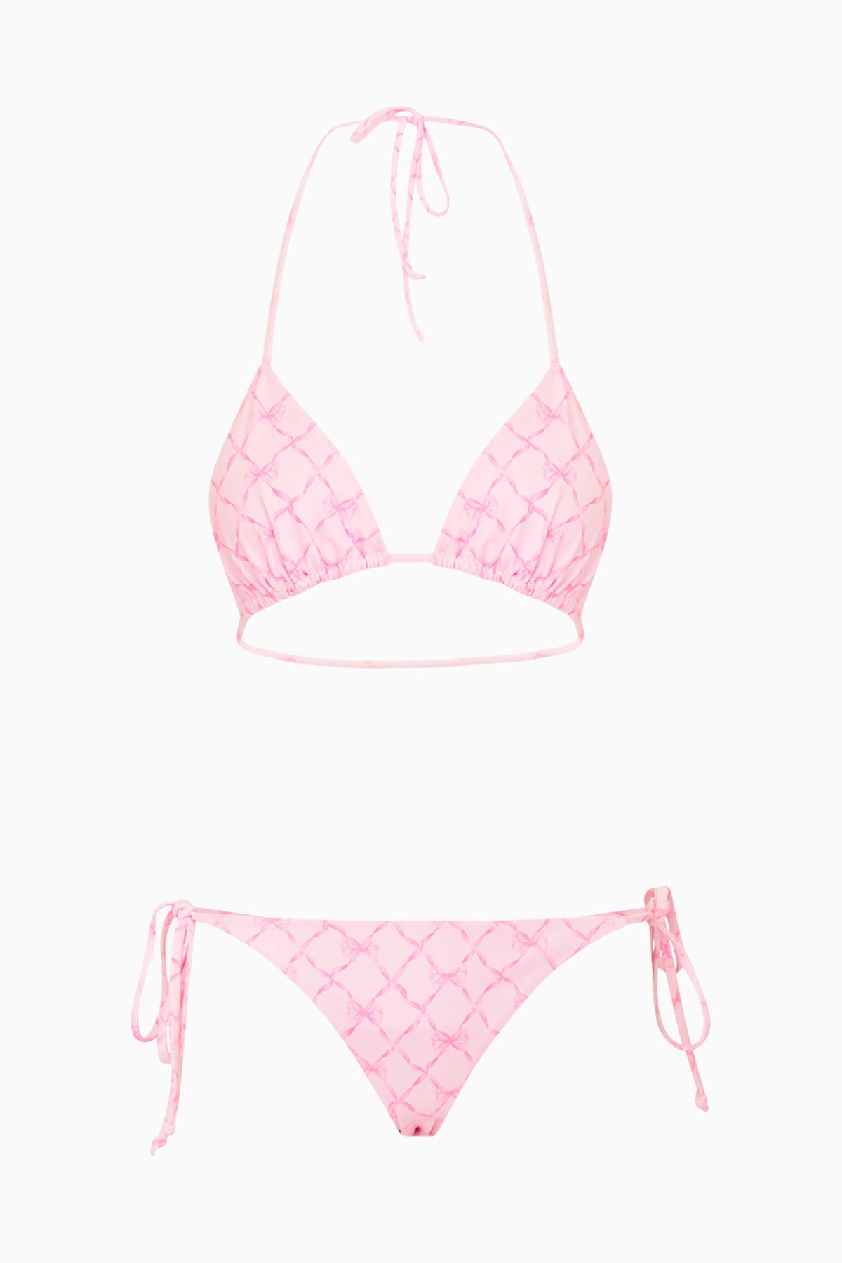 Pink lattice string bikini set with triangle halter top and tied hip bottoms