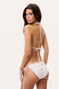 Back view cherry stripe bikini with tie straps, white with red/pink print