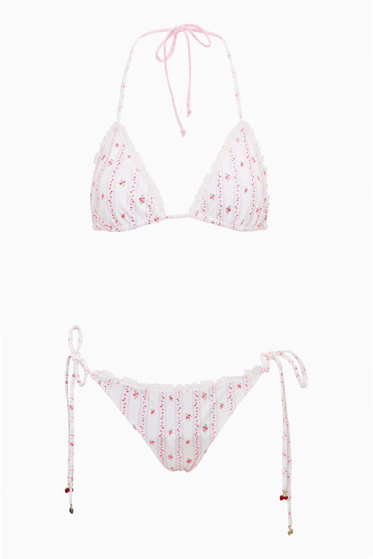 Cherry stripe triangle bikini set: top and tie side bottoms, white with red/pink print