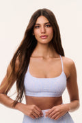 Light blue tennis-print sports bra with adjustable-style front straps