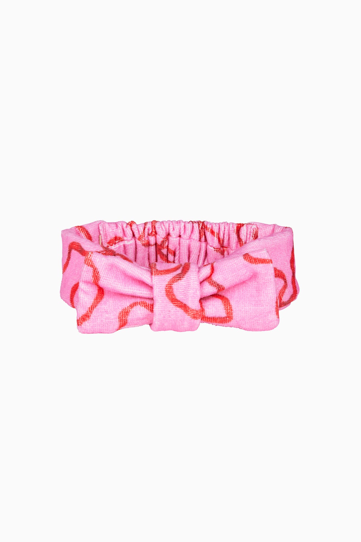 Pink bow print beauty headband with gathered center and top knot