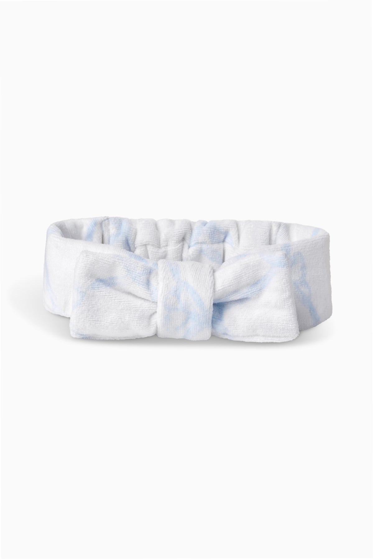 Wash headband with bow, light blue and white tie-dye fabric