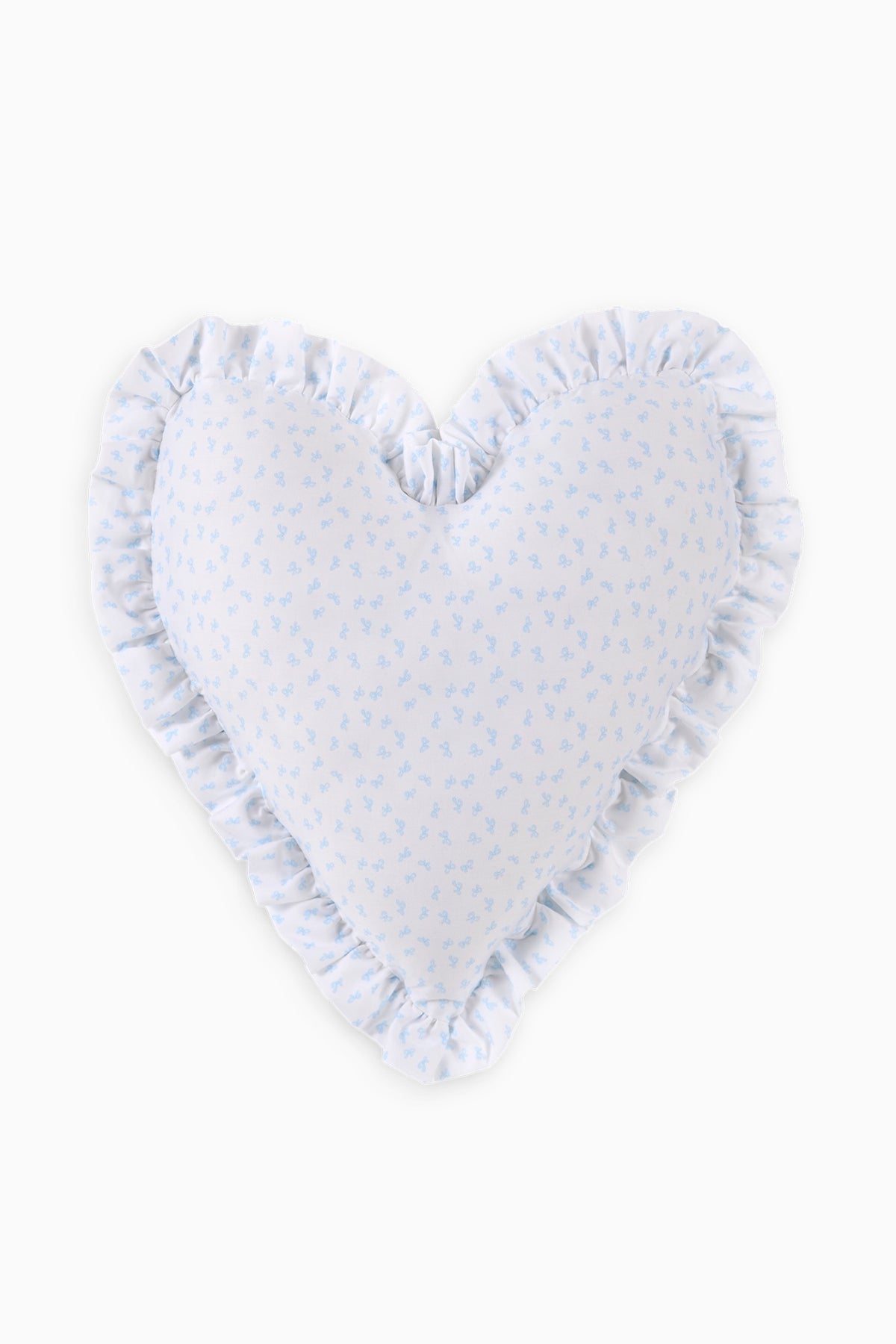 Heart-shaped ruffle pillow in light blue with tiny dotted floral pattern