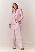 Ivory wide-leg pants with pink toile bandana print, front view