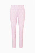 Mauve patterned leggings pants, front view with elastic waistband
