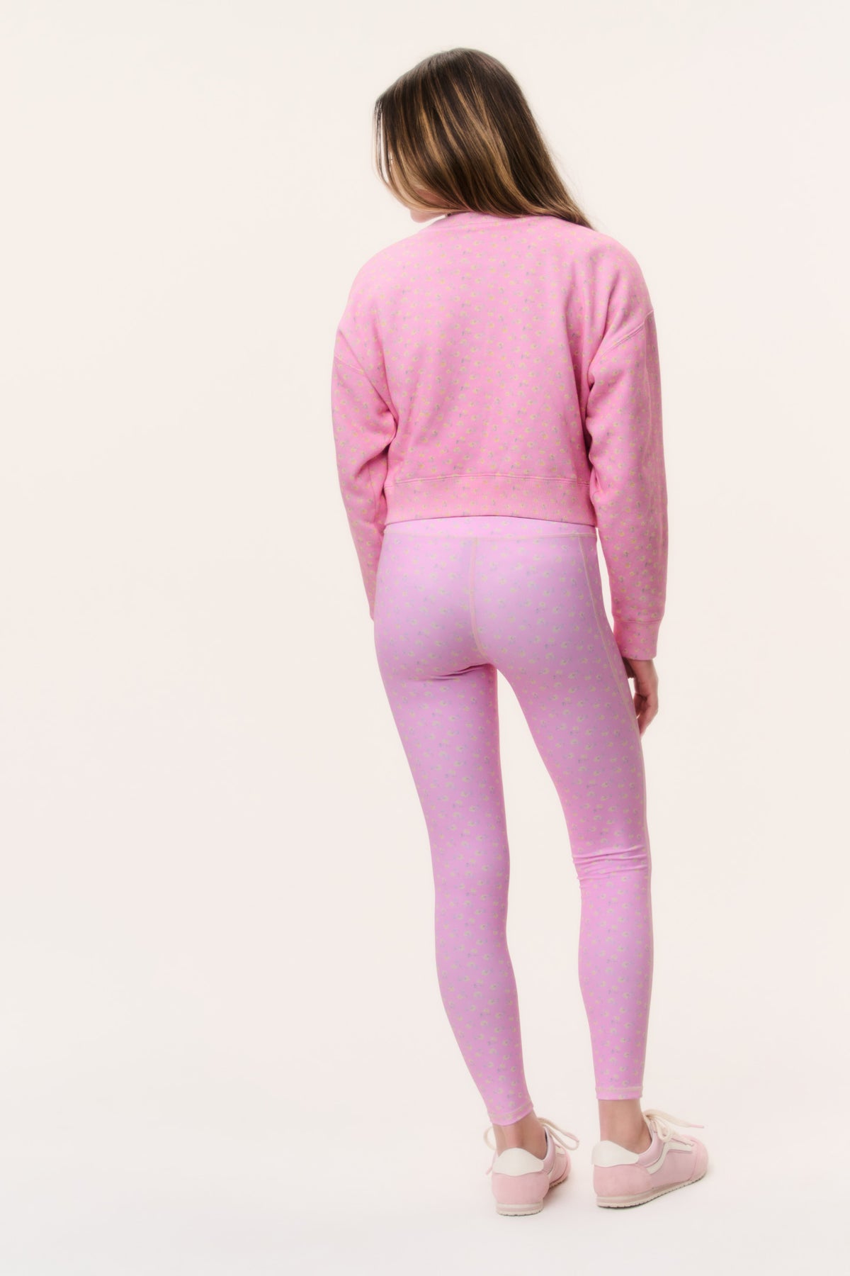 Girls' pink ditsy floral highland leggings, back view full length
