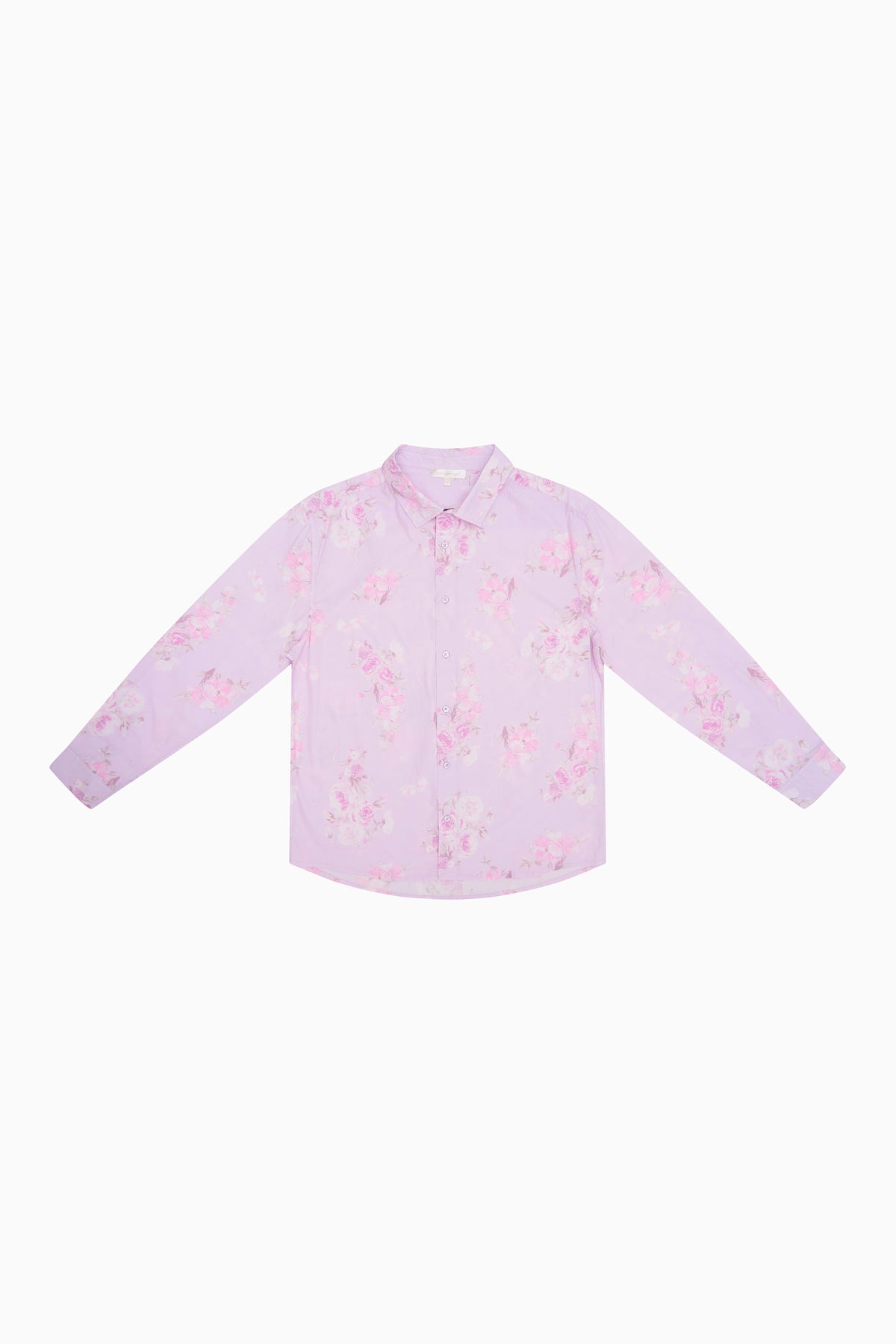 Unisex pink printed button-up shirt with long sleeves and collar