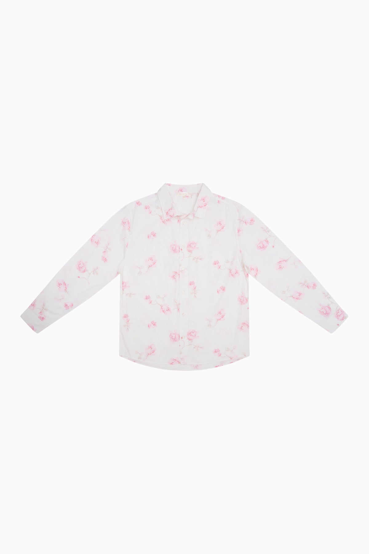 Unisex white printed button-up shirt with long sleeves and collar